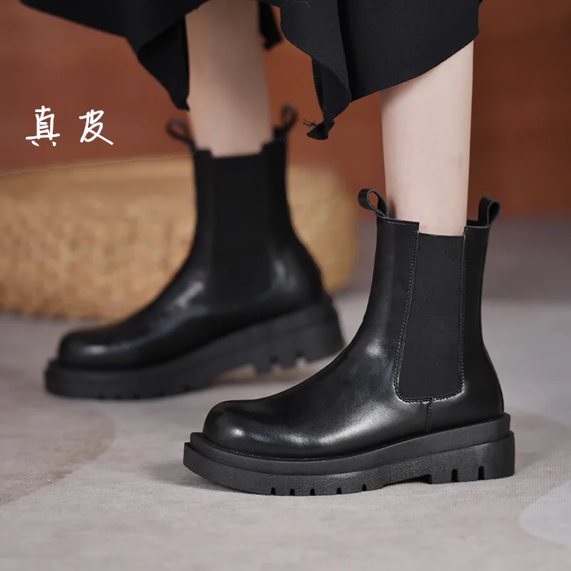 

Chelsea Boots Women Genuine Leather Ankle Boots Autumn Winter Shoes Thick Sole Chunky Platform Ladies Booties Botas De Mujer W30