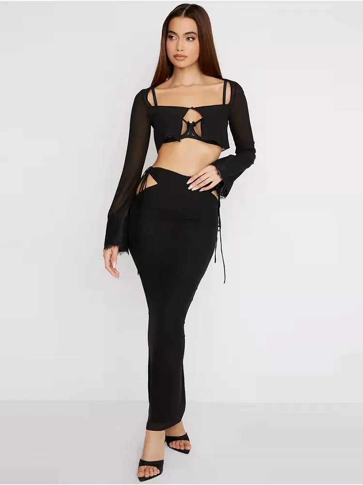 

Karlofea Female New Long Sleeve 2 Piece Maxi Dresses Suit Vacation Outfits Clothing Sexy Sheer Chiffon Weekend Slim Black Dress