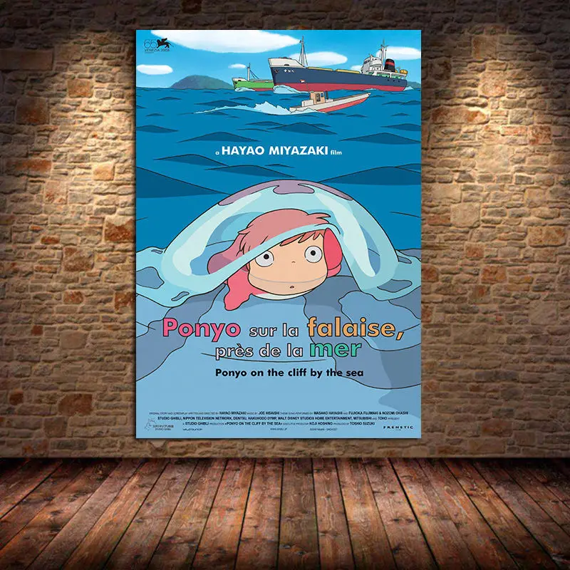 

Famous anime Ponyo on the cliff Retro canvas painting posters and prints for bedroom decoration paintings Miyazaki home decor