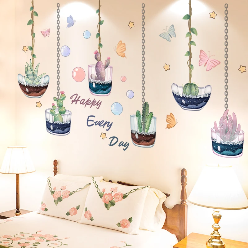 

[shijuekongjian] Potted Plant Wall Stickers DIY Succulent Bonsai Wall Decals for Kids Room Baby Bedroom Kitchen Home Decoration