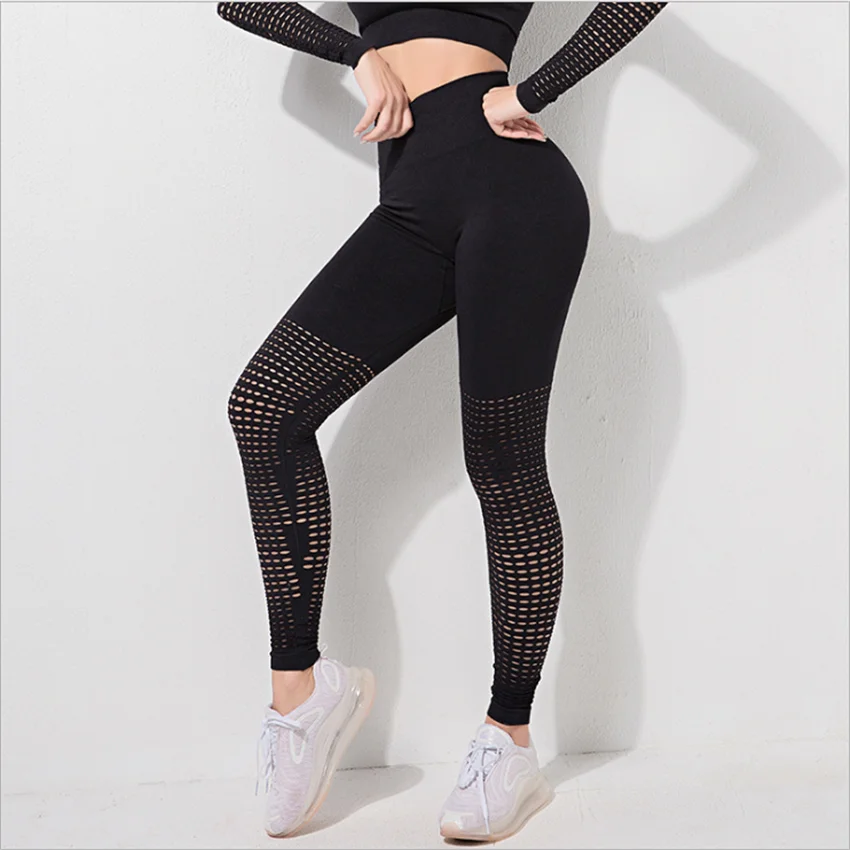 

Gradient 2 pcs Women Sport Seamless Yoga Set Long Sleeve Crop Top +Mesh Leggings Fitness Set Running Brassiere Sport Femme DS164