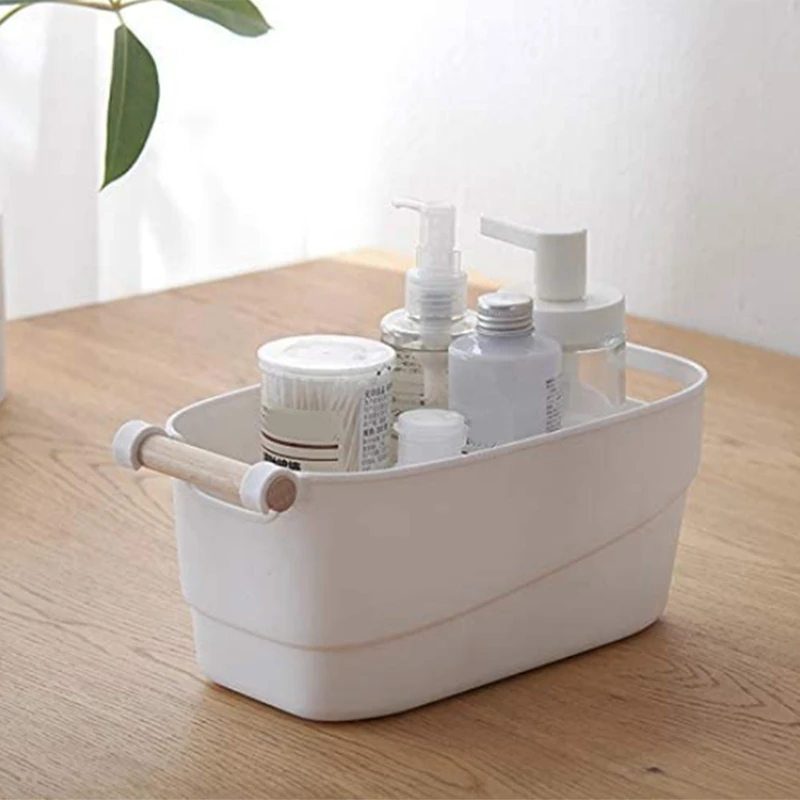 

Storage Bins with Wood Handle, Sleek Design - White Matte Plastic Organizer Bucket, Easy to Clean - Medium(2 PCS)