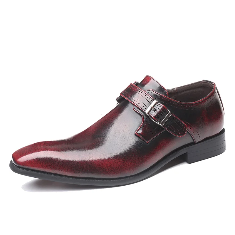 

2021 New Men's Shoes Pointed toe PU Leather Buckle Low-Heeled Single Business Office Formal Dress Classic Retro Casual Men Shoes
