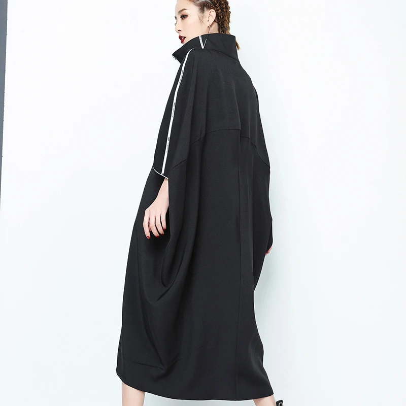 [EAM] 2019 новый пружинная подставка воротником с длинным рукавом черное на молнии