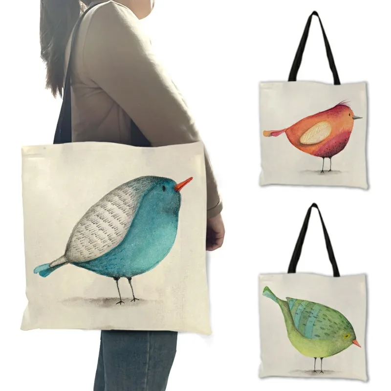 

Cute Little Bird Print Linen Tote Bag Women Fabric Handbags Folding Reusable Shopping Bags