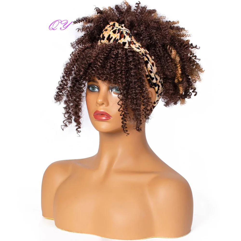 Short Afro Kinky Curly Headband Wig Synthetic Women's  Mix Brown Wig Daily Wear Natural Soft Fluffy Hair Bands Woman Fake Hair