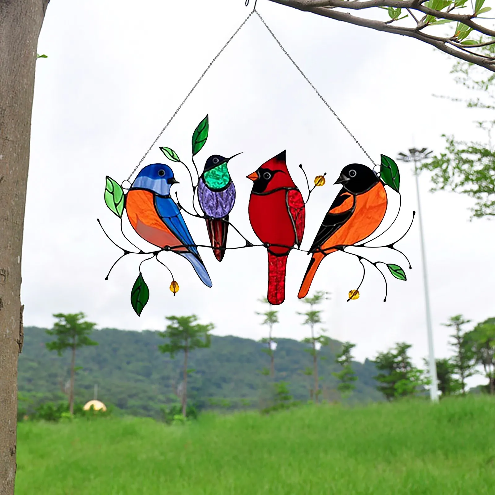 

Multicolor Birds On A Wire High Stained Glass Window Panel, Bird Series Ornamen kawaii room decor girls
