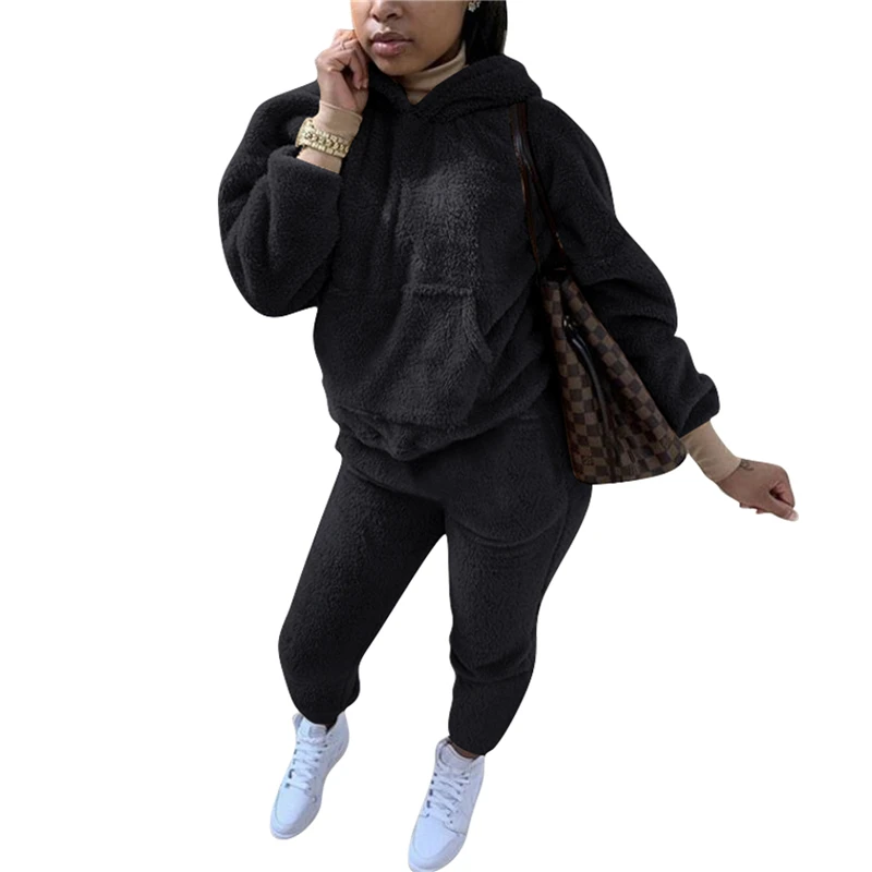 

Women Corduroy Fashion Clothes Sets Solid Color Outfits Autumn Winter Warm Out Wear Sets For Ladies Pockets Hoodies + Trousers