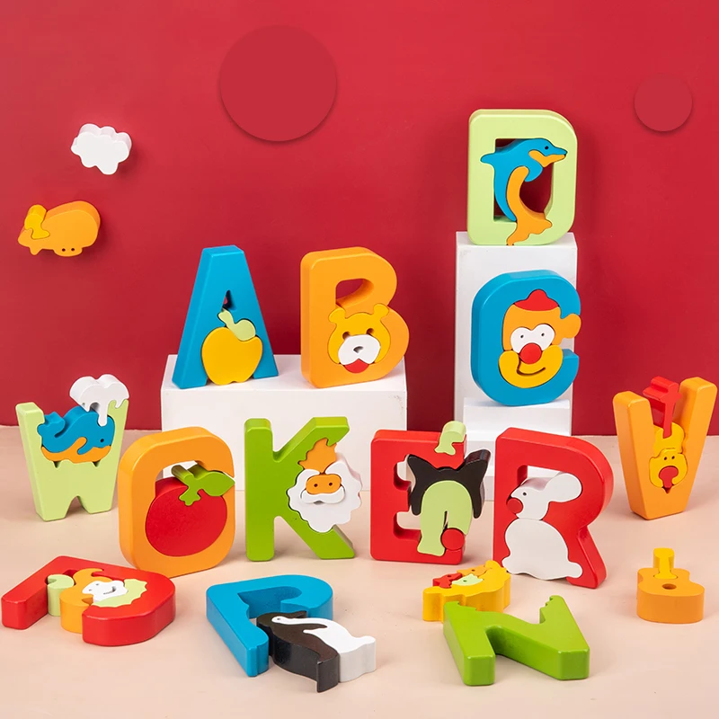 

Baby Wood 3D Puzzle English Alphabet Cutely Cartoon Animal Letters Toys for Children Preshcool Kindergarten Educational Learning