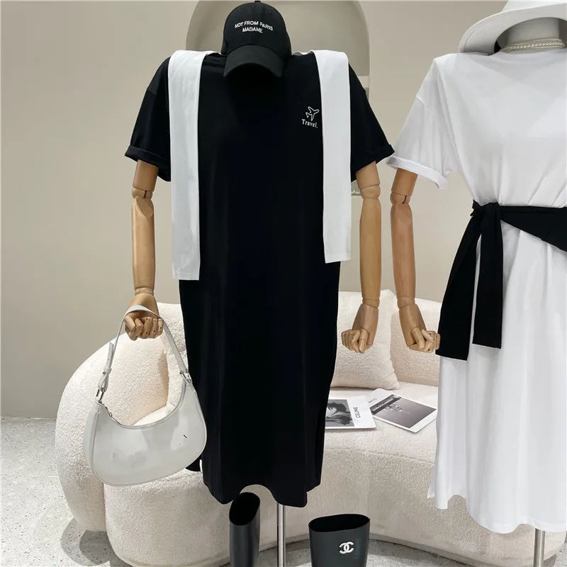 

Women's Clothing Spring Summer 2021 Niche Design Fashion Mid Length Knee Length Loose Short Sleeve Black T-shirt Dress