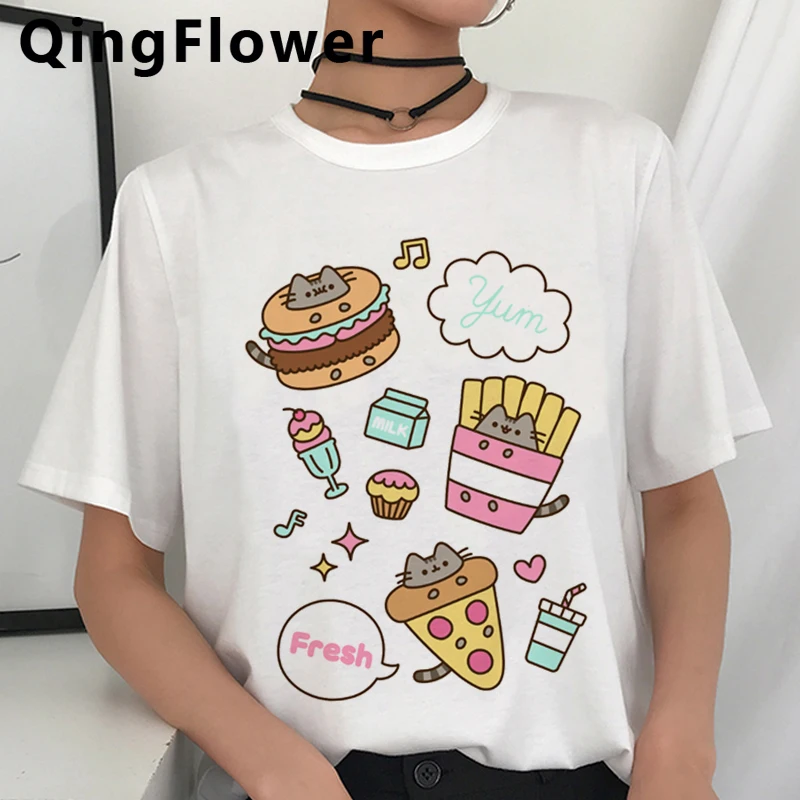 Kawaii Pusheen Кошка забавная футболка для женщин в виде милого героя аниме Harajuku