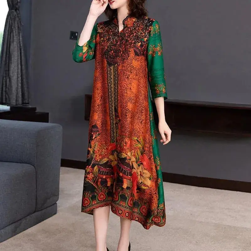 

Silk dress women 2021 spring and summer new fashion retro printing loose silk skirt
