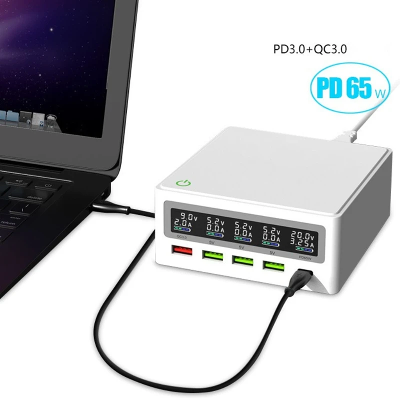 USB C Тип PD 65 Вт Быстрая Зарядка адаптер цифровой Дисплей 18 QC3.0 usb-хаб Зарядное