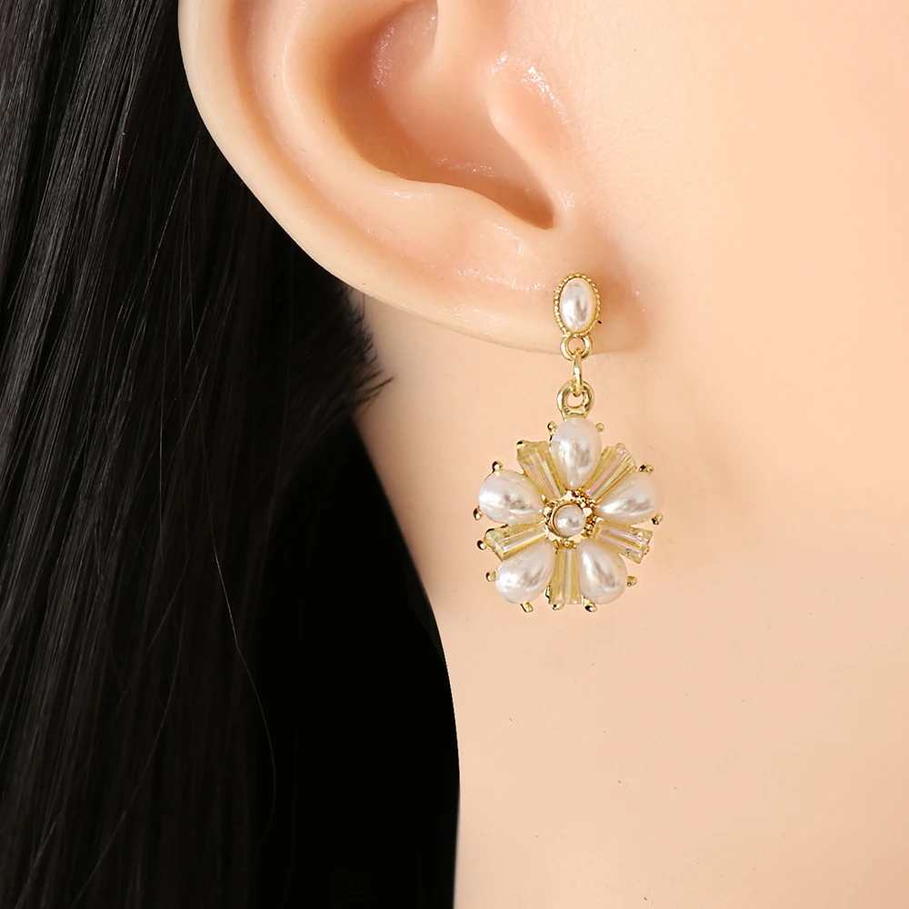 

Wholesale Women Za Hanging Earrings New Round Flower Pearl Dangle Drop Earrings Statement Pendientes Fashion Jewelry Shipping