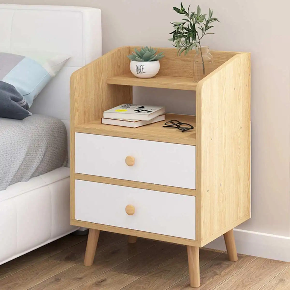 

2 Style Nordic Simple Bedside Table Storage Cabinet Home Modern Solid Wood Bedside Small Cabinet Shelf Bedroom Storage Organizer