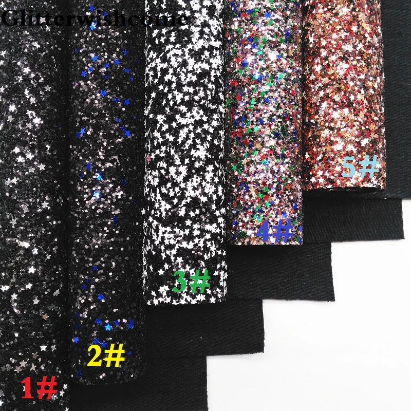 Glitterwishcome 21X29 см А4 Размер синтетическая кожа, плотная блестящая кожа со звездами, блестящая ткань винил для бантов, GM035A