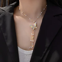 fyuan beautiful butterfly pendant necklaces for women long tassel pearl necklaces weddings jewelry party gifts