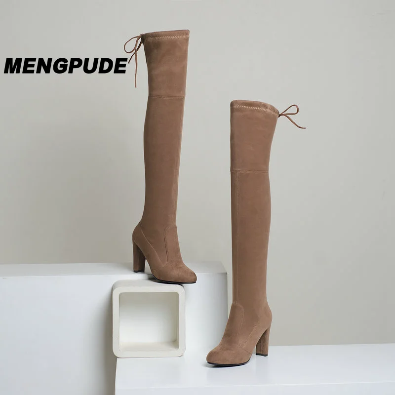 

MPD Thigh Boots Women Block Heel Stretch Boots Ladies High Heel Over The Knee Boots Winter Black Gray Brown Zapatos De Mujer