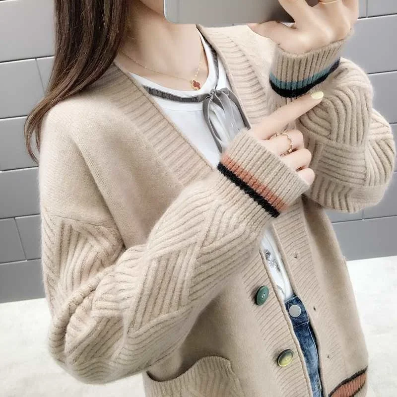 

Woman Sweaters Cardigan Thick Line Knitted Cardigan Women's Sweater Spring Autumn Short Baggy Coat