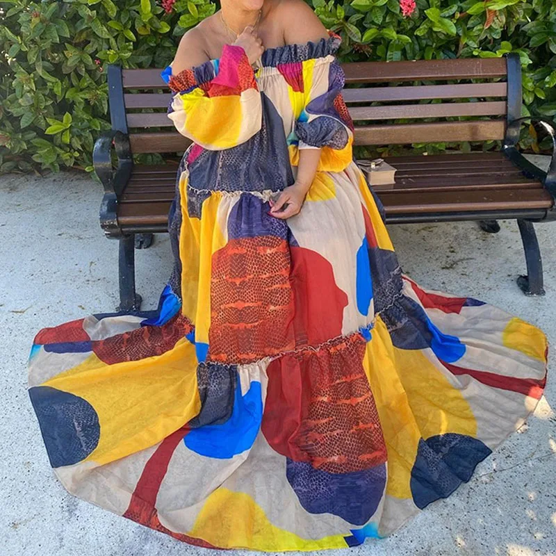 

Women Color Block Printed Loose Ruffle Dress Casual Long Sleeve Off Shoulder Daily Chic Party Dress