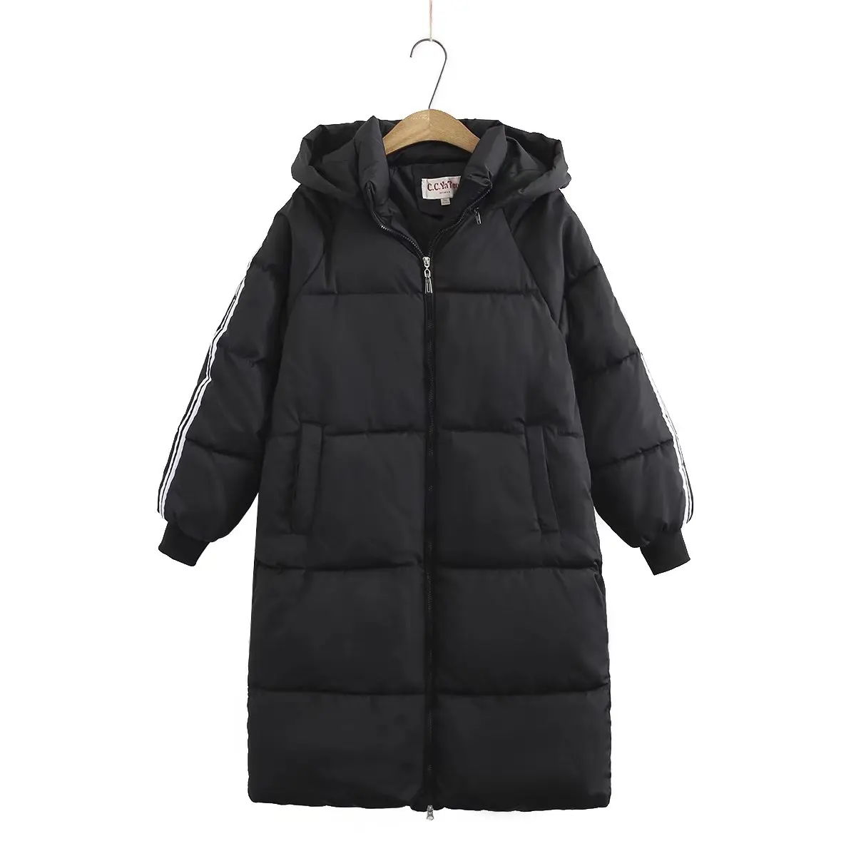 

Plus size women's jackets autumn winter 2021 hooded White striped down cotton parkas coats black long Women's outerwear