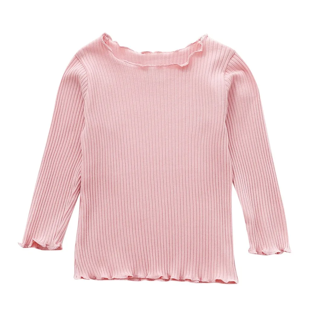 pink Зимняя одежда для маленьких девочек; хлопковая Однотонная футболка с длинными рукавами и волнистым краем; топы; блузка; детская одежда; модная одежда с круглым вырезом для девочек - Цвет: pink