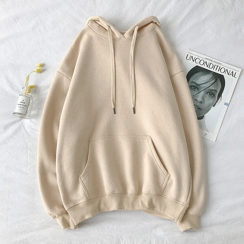 

13 Colors Solid Hoodies Winter Thicken Oversized Hooded Woman Sweatshirt Casaul Pocket Loose Warm Plus Fleece Female Hoody Tops