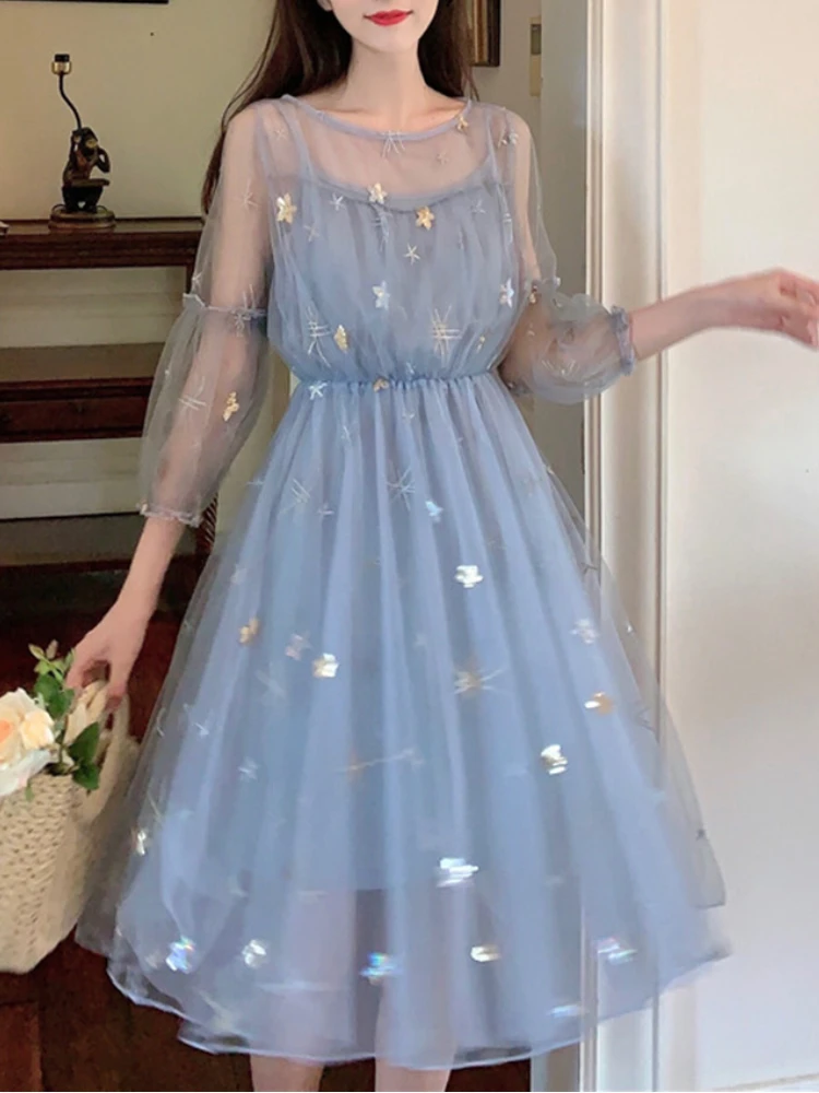 

2021 Dress Women Elegant Lace Fairy Dress Casual Puff Sleeve Applique Flowers Voile Whith Lining Designer Middle Dress 2021