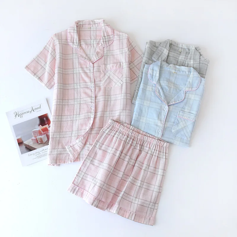 Summer Couple Pajamas Set Pure Cotton Gauze Simple Plaid Men/women Short Sleeved Sleepwear with Shorts Loose Comfy Home Wear