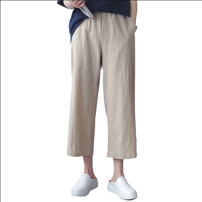 

Cotton Linen Plus Size Wide Leg Pants Women Summer High Waist Ankle Length Pants Linen Casual Pants Loose Ins Hot