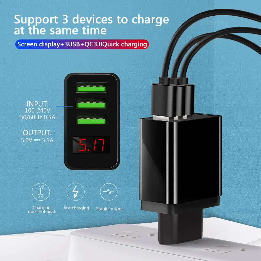 Безопасный светодиодный дисплей 3 порта USB зарядное устройство Быстрая зарядка 3.1A настенная Зарядка для iPhone huawei samsung EU US plug адаптер для мобильного телефона