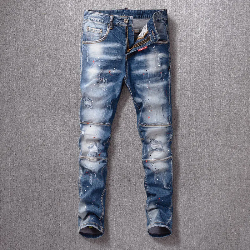 

Italian Style Fashion Men Jeans Retro Blue Elastic Slim Ripped Jeans Men Spliced Designer Streetwear Hip Hop Denim Punk Pants