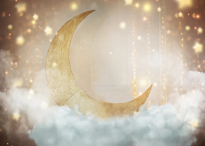 

Photo Backdrops Shiny Gold Moon Star Party Pendant Cloud Dreamy Baby Birthday Portrait Photographic Backgrounds For Photo Studio