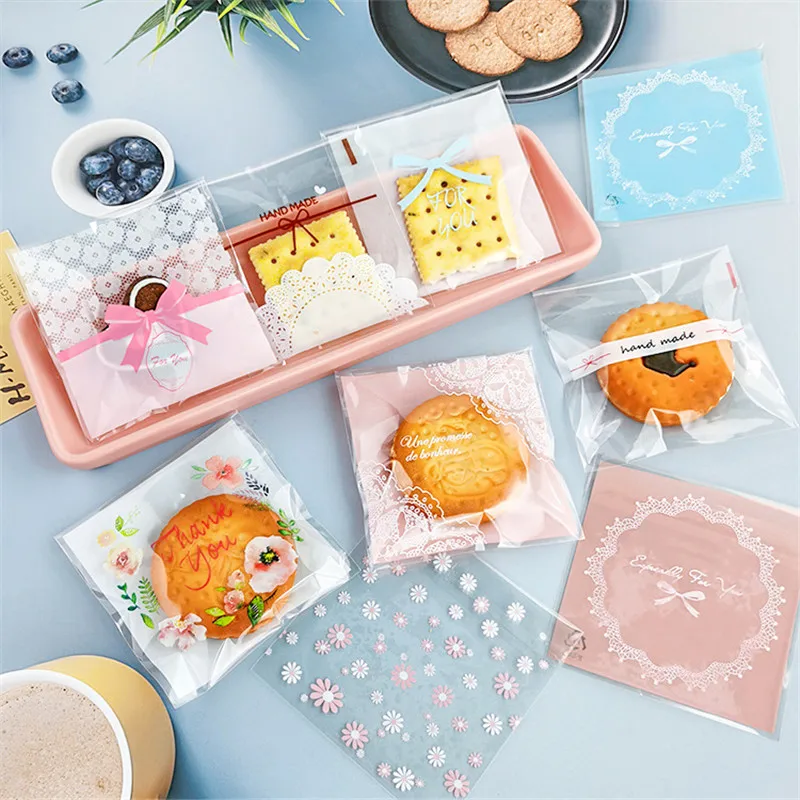 

100 Pcs 10x10+3cm Flower Pattern Printed Plastic Bags Cookie Biscuits Snack Self Stick Package For Wedding Party Gift Bags