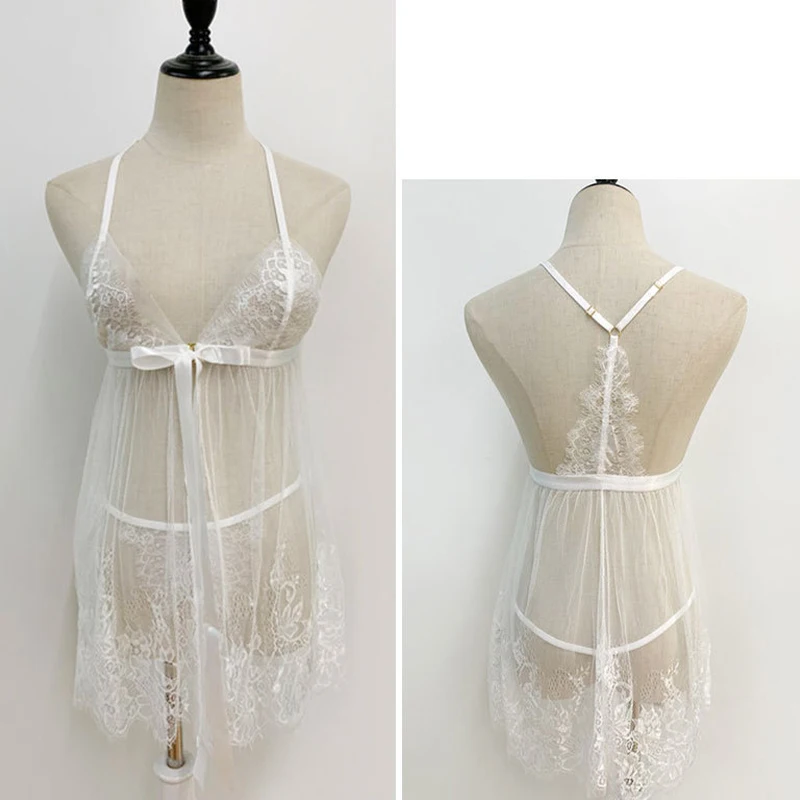 

Sling Mesh Stitching Sexy Erotic Nightdress Backless Lace See-Through Night Dress Hollow Deep V-Neck Bow Sexy Woman Pajamas