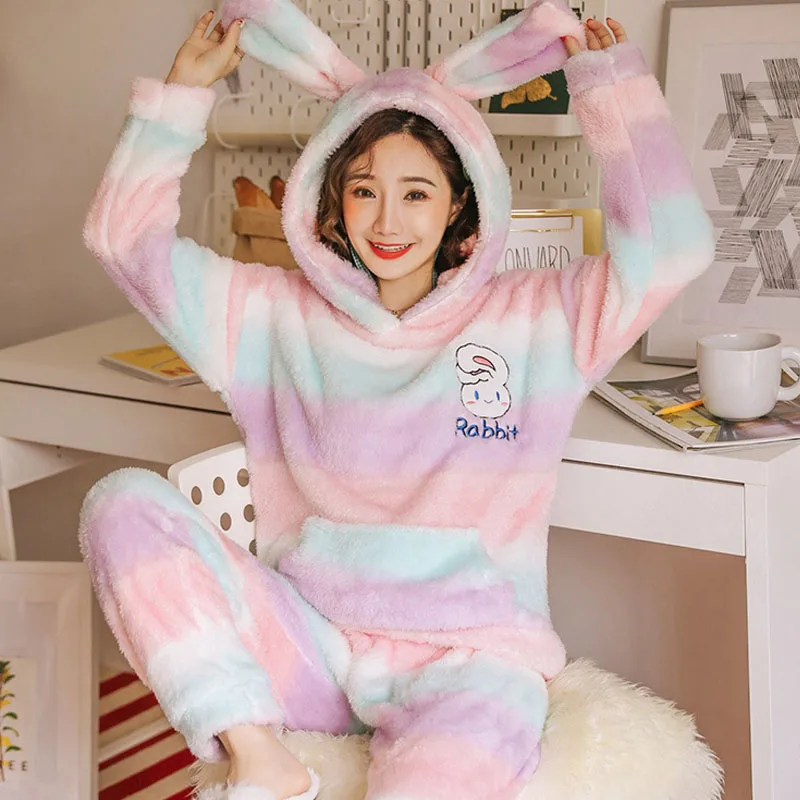 2019 зимние женские пижамы теплые утолщенные набор милые уши животные мультфильм с