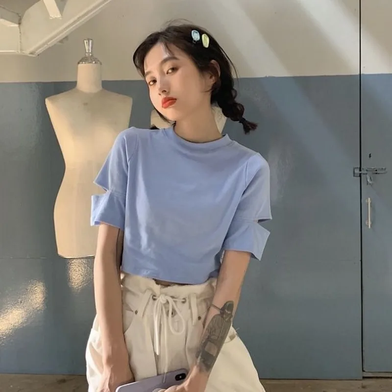 

MINGLIUSILI Korean Fashion Tops for Women 2021 Summer Solid Tee Shirt Fashion Crop Top Basic Short Sleeve T Shirt Women