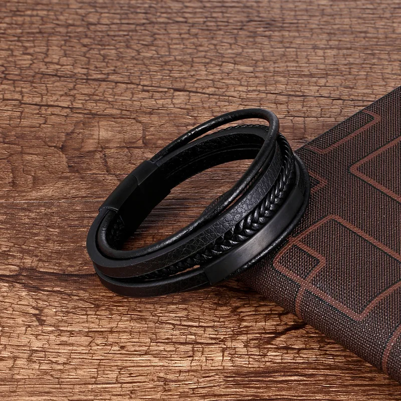 Стальной кожаный браслет Многослойная плетеная подлинная кожаная веревка Персонализированные браслеты ювелирных изделий для мужчин Подарок.