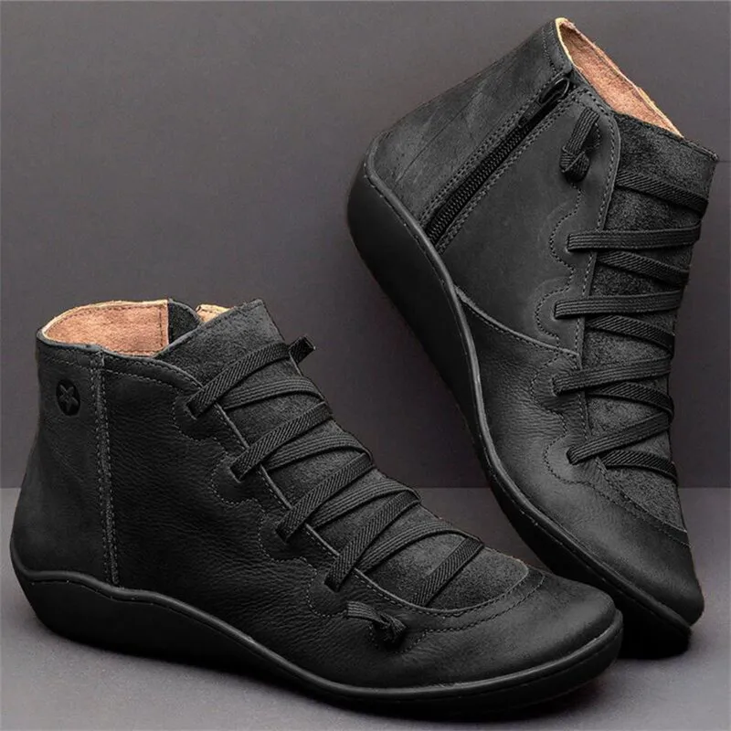 

Women's PU Leather Ankle Boots Autumn Winter Cross Strappy Vintage Zipper Punk Boots Flat Short Snow Boots Lace Up Shoes