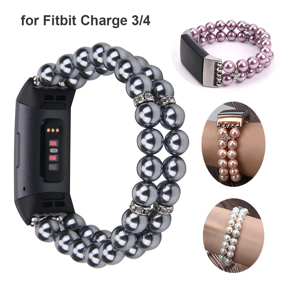حزام الساعات Fitbit Charge 3 4 5 العصابات مطاطا تمتد معصمه مجوهرات استبدال حزام سوار مع شل اللؤلؤ الخرز