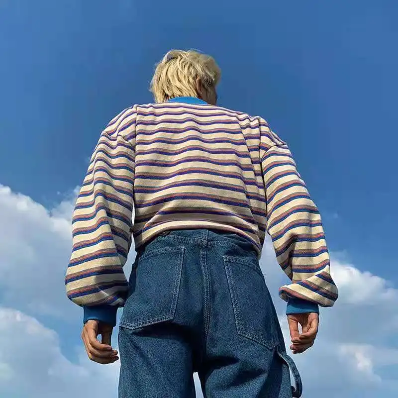 Полосатая толстовка на молнии пуловеры с воротником-поло Свитшот оверсайз