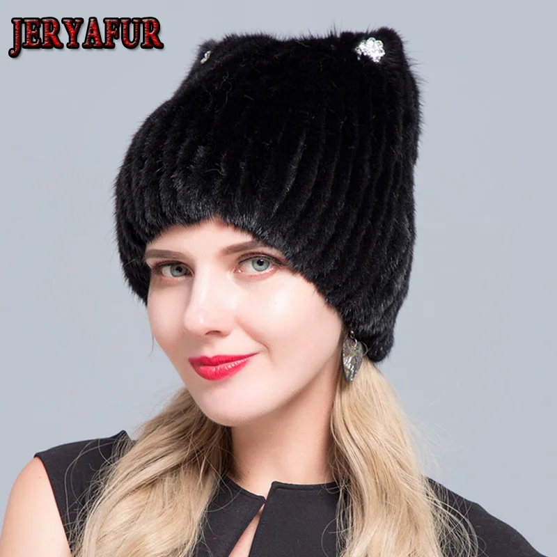 Шапка меховая с кошачьми ушками и блестками|Женские Skullies шапочки| |