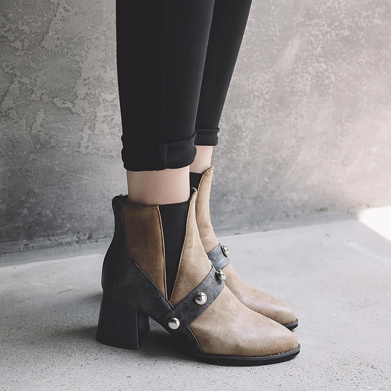 British fashion punk color block thick heel rivet short boots large 44 45 46 47 48 casual Martin | Обувь