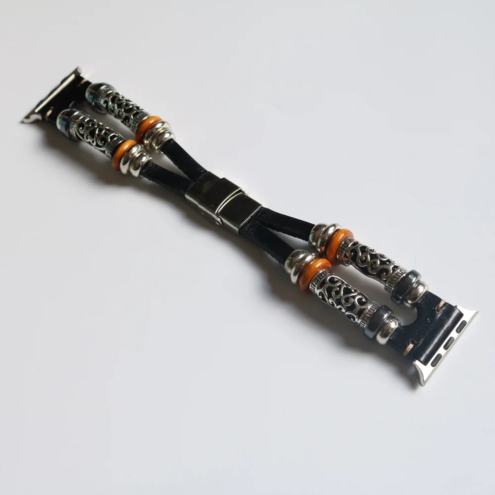 Black Стильный кожаный чехол в стиле ретро браслет для наручных часов Apple Watch Series 5 4 3 2 ручной работы из бисера металлический ремешок для наручных часов iwatch, 40/44/38 мм/42 мм, ремешок на запястье - Цвет ремешка: Black