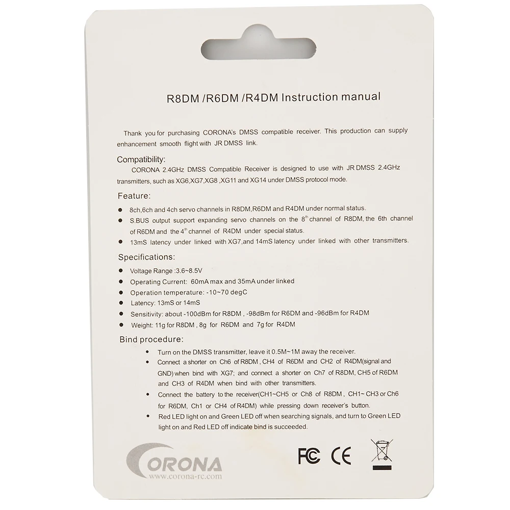 Ресивер Corona R8DM-SB 2 4G 4CH DMSS совместимый с поддержкой Bus w/ S. Поддержка JR XG6 XG7 XG8 XG11 |