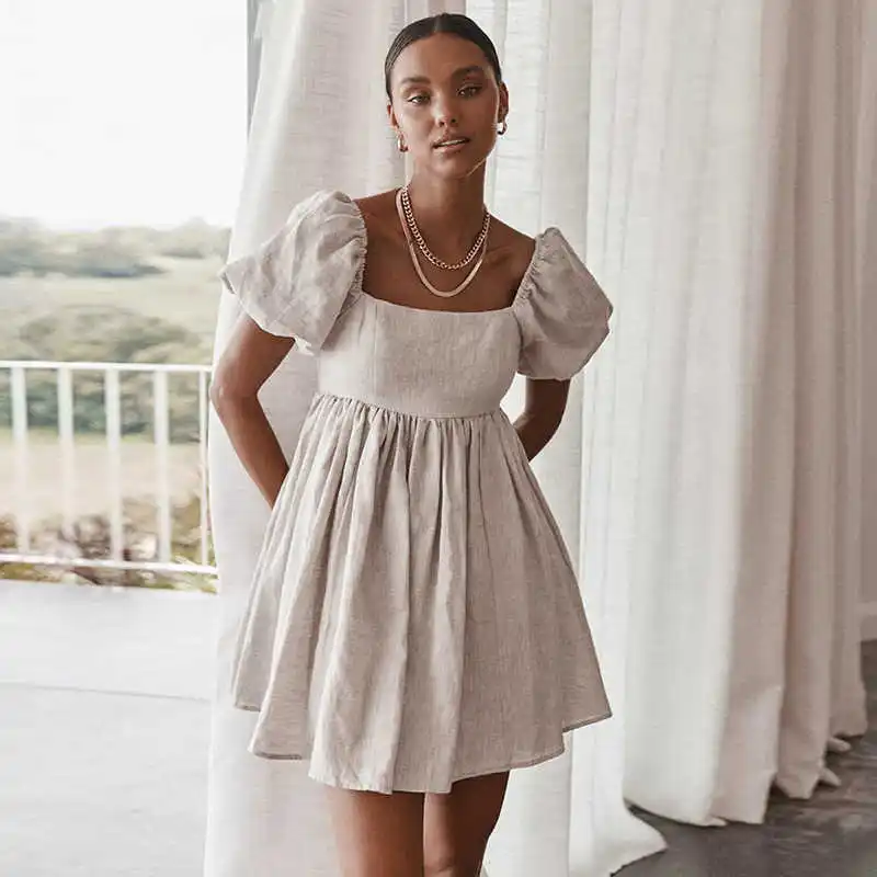 

Muiches sweet puff mango linen minivan dress woman square solid waist dress 2021 new summer