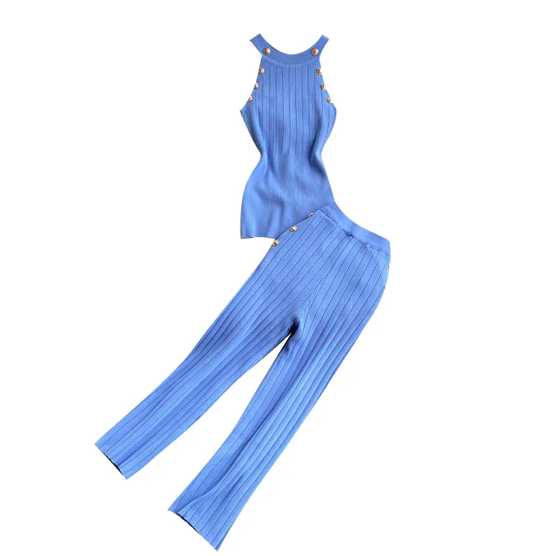 

ALPHALMODA 2021 Summer New Arrival Sleeveless Button Details Pullover Knitted Tank Top + Straight Pants Women 2pcs Sweater Suit
