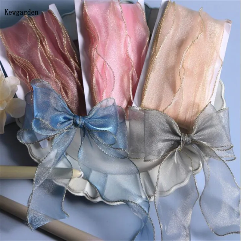 

Полоска из органзы Kewgarden для упаковки подарков, волнистая лента из золотой проволоки, оверлок, лента 1,5 дюйма, 4 см, 6 см, лента ручной работы «сделай сам», аксессуары для волос, 20 ярдов