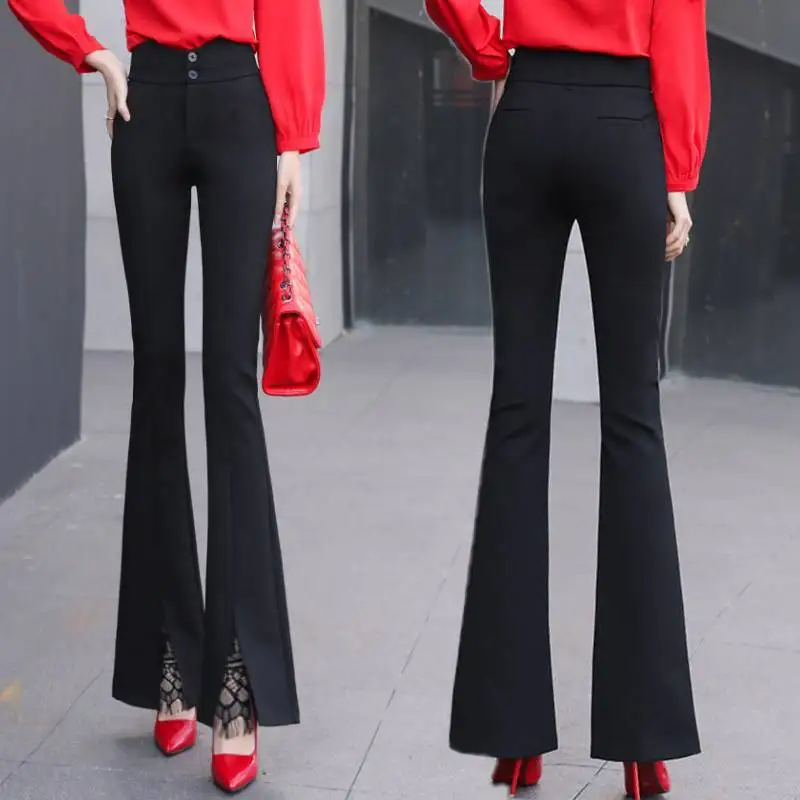 

Women 2021 Spring Autumn New Fashion Split Lace Long Pants Female High Waist Slim Trousers Ladies Solid Color Flare Pants Q752