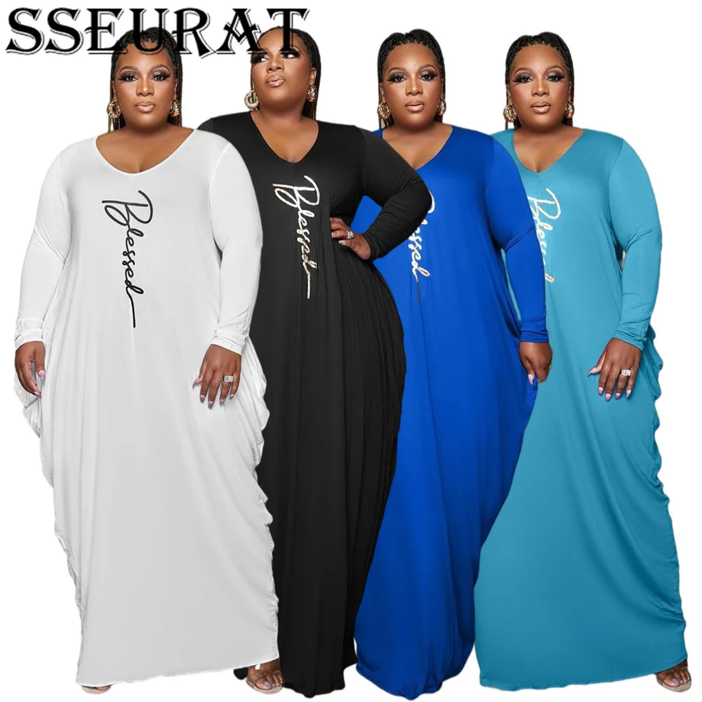 

SSEURAT Plus Size Women Autumn Letter Print Long Dress Fashion Casual O-Neck Long Sleeve Bodycon Dresses Vestidos